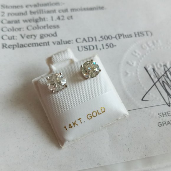 Certified 14K White Gold Colorless Moissanite 1.42ct Post Stud Earrings - Picture 8 of 12